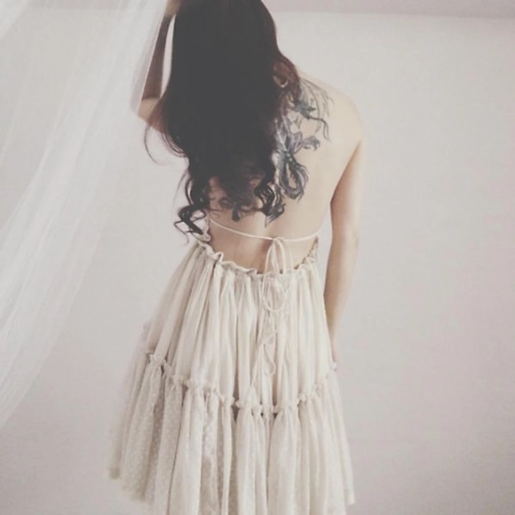 SOLD OUT Ivory Swiss Dot Mesh Boho Halter Mini Dress - Picture 2 of 5